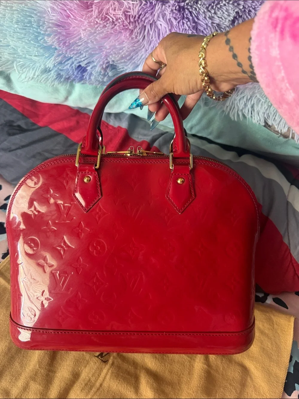 Louis Vuitton Red Patent Alma Pm Satchel with Gold Hardware